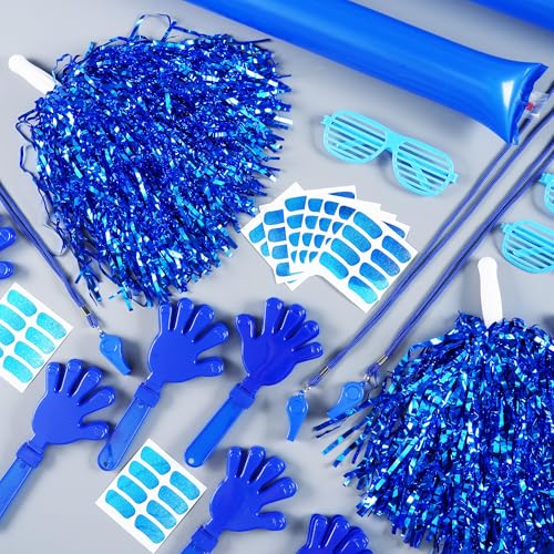 148 Pcs Team Spirit Accessories,Cheerleading Pom Poms Hand Clappers Noisemakers Whistles Shutter Glasses Eye Black Sticker for Sports Events Football Baseball School - color: Blue