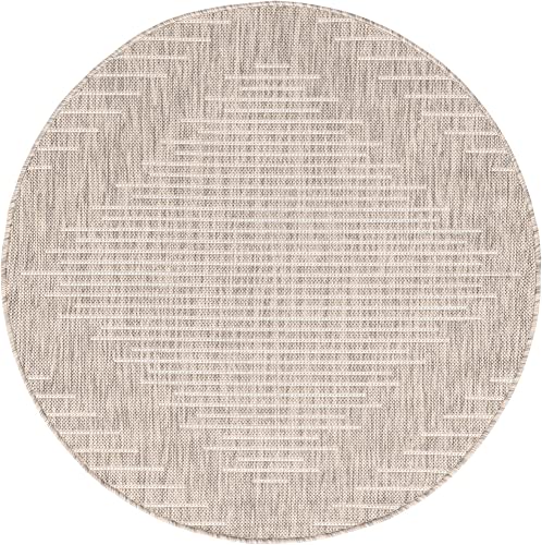 Unique Loom Outdoor Modern Collection Area Rug - Tambor (4' 1" Round, Gray/ Ivory) - color: Gray/Ivory, size: 4'1" (Round)