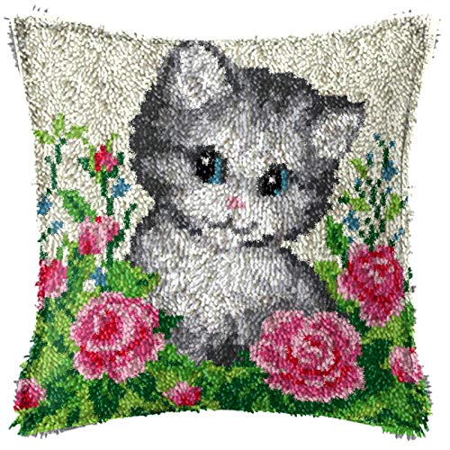 Flowers Cat Latch Hook Pillow Kits for Adults Beginners Pre-Printed Cushion | Home Sofa Cushion Cover Preprinted Canvas Crochet Yarn Kits Needlework Crafts Festival Gift for Adults Beginner 17X17 Inch - color: Cat