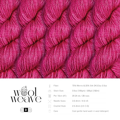 Woolweave Merino Silk Yarn – Hand Dyed Luxury Blend of 75% Merino Wool & 25% Silk – DK Weight, 100g Skein, 200 Yards – Soft, Shimmering & Elegant Yarn for Knitting & Crocheting - color: Pink Agate
