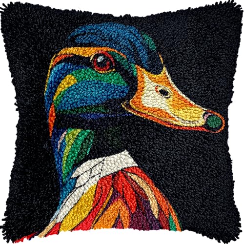 Wild Duck Mallard Latch Hook Kits Pillow Colorful Printed Cushion Crochet Yarn Needlework DIY Hook Latch Kit Pillowcase Rug Cover Home Sofa Christmas Decoration 43x43cm(1)