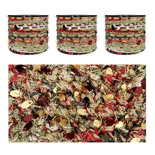 Artisanal Yarn Collection Multifiber Fancy Yarn with Sequins & Shimmering Threads for Knitting Crocheting Crafts DIY, Set of 3 Rolls (Christmas Red & Gold) - color: Christmas Red & Gold