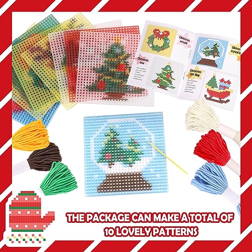 Pllieay Christmas 10-in-1 Cross Stitch Beginner Kit for Kids, Includes Instruction of 10 Different Patterns, 10 Printed Plastic canvases for Needlework, Needlepoint Starter Sewing Set - size: Christmas