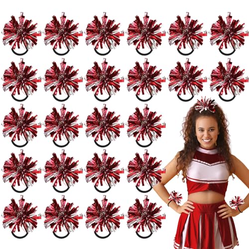 Shappy Mini Pompom Hair Tie 4inch Cheerleading Ponytail Holder | Team Spirit Design, Elastic Hair Ropes, Compact Cheer Accessories for Football Games, Dance Events and Party Favors - color: Red