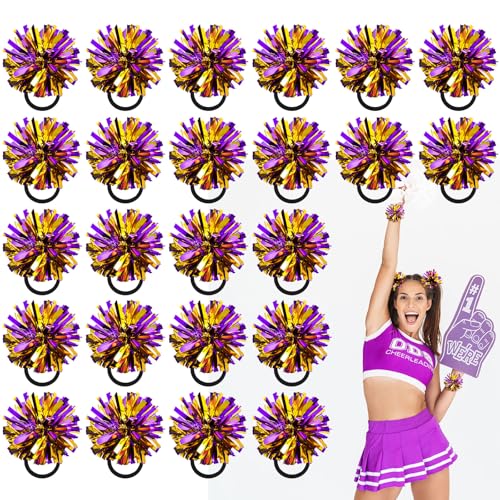 Shappy Mini Pompom Hair Tie 4inch Cheerleading Ponytail Holder | Team Spirit Design, Elastic Hair Ropes, Compact Cheer Accessories for Football Games, Dance Events and Party Favors - color: Purple Gold