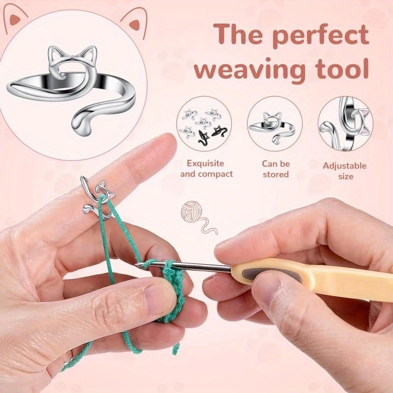 2pcs Adjustable Finger Holder - Knitting Crochet Loop Ring Yarn Guide Thimble - Faster Sewing Tools for Crocheters (2Pcs Golden Cat) - color: 2Pcs Golden Cat
