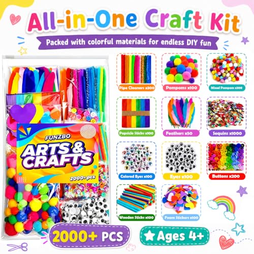 FUNZBO 2000Pcs+ Arts & Crafts Supplies Kit for Kids, DIY Craft for Girl | Art Supply Tools Set Pipe Cleaners, Pom Poms Popsicle Sticks and Feather, Birthday Gifts for Boys & Girls Ages 4 5 6 7 8 -12 - size: Crafts Kit (Large)