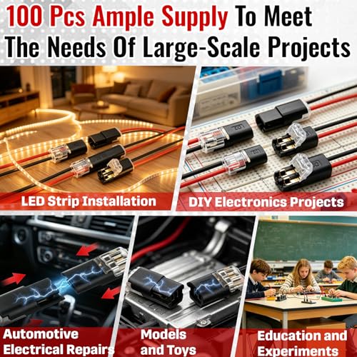 100 Pcs 2-Pin Wire Connectors, Locking Buckle, No Stripping, For LED Lights | Accepts Bare/Solid Wires, Low-Voltage DIY Use, Finger-Press Snap Closure, Steady Dual-Wire Contact