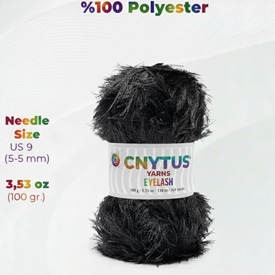 Premium Eyelash Fun Fur Yarn - Ultra Soft Fuzzy Faux Fur Novelty Thread for Knitting & Crochet | Chunky Multi Color Craft Supplies - 3.53 Oz (100g), 165 Yrds (150m) (1 Skein, Black) - color: Black