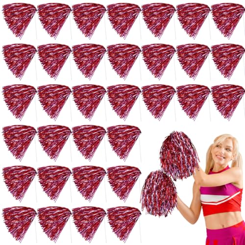 Vinsot 40 Pcs Cheerleading Pom Poms Bulk, Metallic Foil School Spirit Shakers Cheer Pom Poms with Plastic Long Handle for Soccer Basketball Sport Dance Team Squads Fan Celebration - color: Red Pink Mix