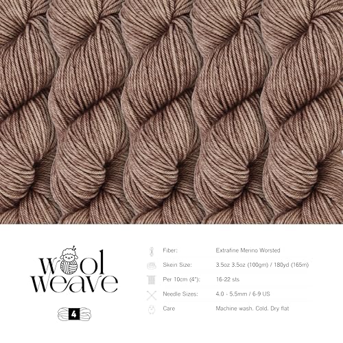 Woolweave Worsted Weight Yarn - 100% Extrafine Merino Wool Yarn for Knitting & Crocheting - Hand Dyed, Ultra-Soft & Warm - 100g Skein, 180 Yards - Machine Washable - color: Wood Ash