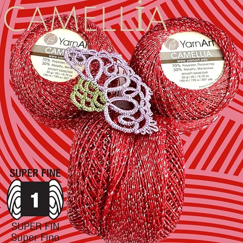 Yarnart Camellia Metallic Shimmer Fine Yarn - 70% Polyester, 30% Metallic, 192m, 20g, Crochet Thread, Lace, Embroidery, Jewelry Making, and Decorative Craft Yarn, 1.25mm Hook (Red, 20g Skein) - color: Red, size: 20g Skein