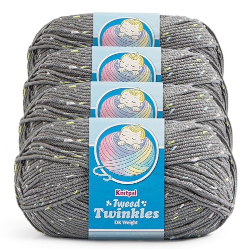 Tweed Twinkles Soft Baby Yarn DK Acrylic, 4-Pack (696Yds/400G), Koala Grey | Acrylic Baby Blanket Knitting Yarn with Free Patterns - Size 3 DK Light Worsted Weight Yarn for Crocheting with Flecks - color: Koala Grey, size: Pack of 4