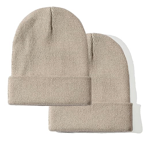 NPJY Unisex Beanie for Men and Women Knit Hat Winter Beanies | Warm-Keep & All-Size, Comfortable & Durable, Soft for Winter Weather - color: 2 Packs Darkbeige