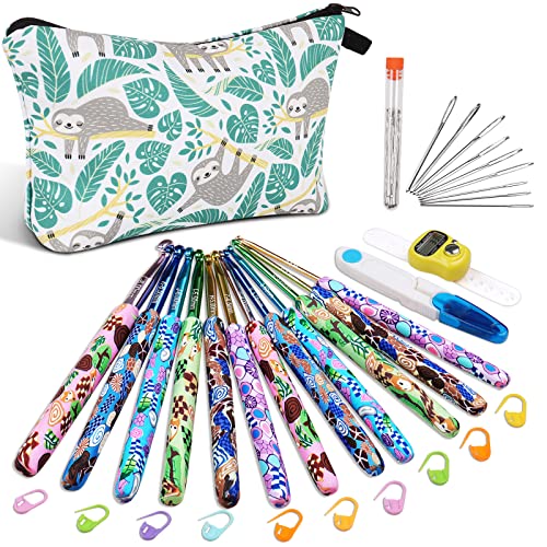 Coopay Crochet Hooks Set with Case, Ergonomic Soft Grip Crochet Hook Kit | 12 Sizes Comfort & Sturdy Forest Crochet Needles for Crocheting Yarn, Crochet Counter, Ideal Crochet Starter Kit, Hooks Case - color: Green Forest