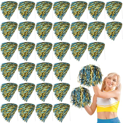 Vinsot 40 Pcs Cheerleading Pom Poms Bulk, Metallic Foil School Spirit Shakers Cheer Pom Poms with Plastic Long Handle for Soccer Basketball Sport Dance Team Squads Fan Celebration - color: Blue Gold Mix