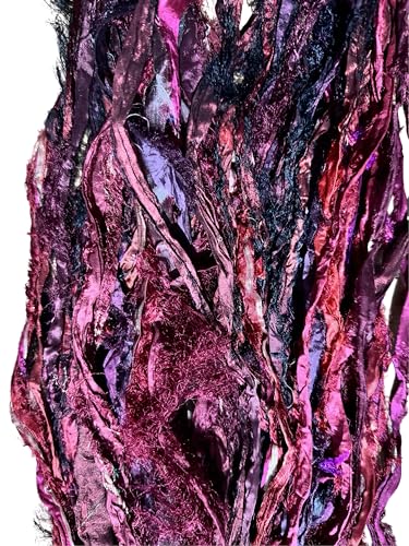 Maker's Craft Recycled Fuzzy Fringes Sari Silk Ribbon Yarn 35yards, 100Grams for DIY Knitting Crocheting Gift Wrapping, Christmas Decoration, Macrame Makers, Jewelry Making, Rugs Hooking (Maroon) - color: Maroon