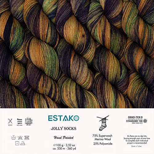 Estako Jolly Socks Hand Painted Superwash Fine Merino Wool Yarn, Honey Gold | sock weight, fingering weight, variegated, 3.52 oz, 360 yds, 2.5-3 mm needles, 29 sts gauge, machine washable - color: 7257 - Honey Gold