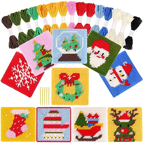 Pllieay Christmas 10-in-1 Cross Stitch Beginner Kit for Kids, Includes Instruction of 10 Different Patterns, 10 Printed Plastic canvases for Needlework, Needlepoint Starter Sewing Set - size: Christmas