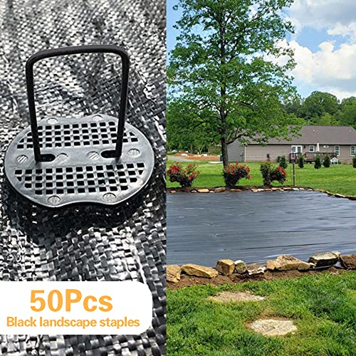 Bakulyor 50pcs Black Landscape Staples + 50pcs Buffer Washer, 6 Inch 11 Gauge Garden Stakes Staples, U Shaped Galvanized Lawn Pins Heavy Duty Yard Ground Pin for Weed Barrier Sod Fabric Decorations - color: Black