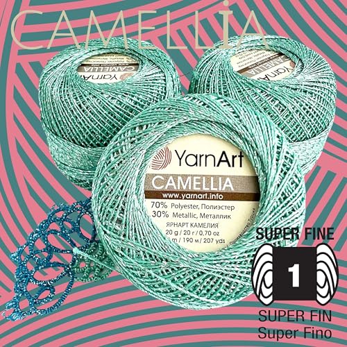 Yarnart Camellia Metallic Shimmer Fine Yarn - 70% Polyester, 30% Metallic, 192m, 20g, Crochet Thread, Lace, Embroidery, Jewelry Making, and Decorative Craft, 1.25mm Hook (Cottage Green, 20g Skein) - color: Cottage Green, size: 20g Skein