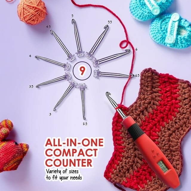 Craftbud Counting Crochet Hook Set Digital - Crochet Counter Stitch and Row, Digital Crochet Hooks with Counter, Crochet Needles for Crocheting, Lighted Crochet Hook Set with 9 Changeable Hooks
