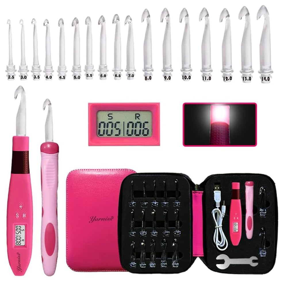 Yarniss 17 Size Counting Crochet Hooks Set for Stitch & Row 2.5mm~14.0mm | Light Up Crochet Hook with Digital Counter,Glow In Dark Better for Night Crocheting - color: Multicolor-17 Size with Light & Counter
