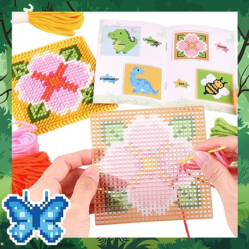 Pllieay 10-in-1 Cross Stitch Beginner Kit for Kids, Embroidery Kit | with Instructions, 10pcs Plastic Mesh Canvas with pattern, 15 yarns, 5 Weaving Needles, Needle Points Starter Sewing Set - size: Animals