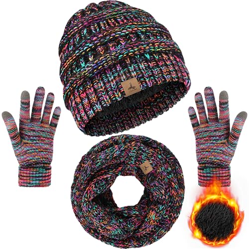 LOROME Winter Beanie Hat Scarf Gloves, Warm Fleece Knit Neck Scarf Set Gift | Hats Gloves Scarf Set, Touchscreen Gloves, Universal Size Neck Scarf Set Winter Gifts for Unisex Adult Winter Wear - color: Colorful
