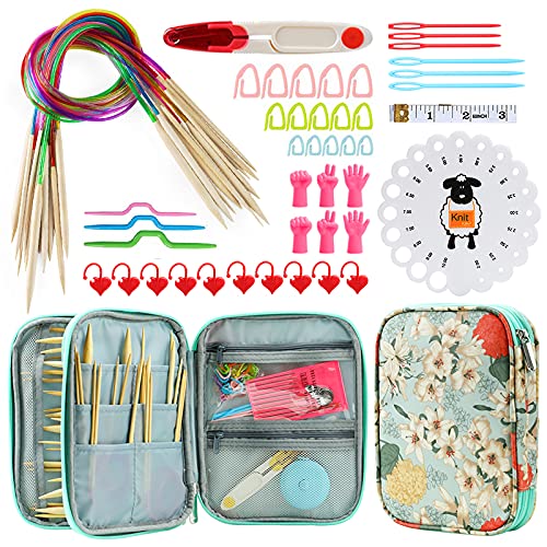 KOKNIT 18 Pairs Bamboo Circular Knitting Needles Set, Including 31" Long Lightweight Knitting Needles(2mm-10mm), 43pcs Knitting Tools and Elegant Storage Case - color: Green