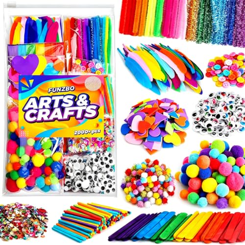 FUNZBO 2000Pcs+ Arts & Crafts Supplies Kit for Kids, DIY Craft for Girl | Art Supply Tools Set Pipe Cleaners, Pom Poms Popsicle Sticks and Feather, Birthday Gifts for Boys & Girls Ages 4 5 6 7 8 -12 - size: Crafts Kit (Large)