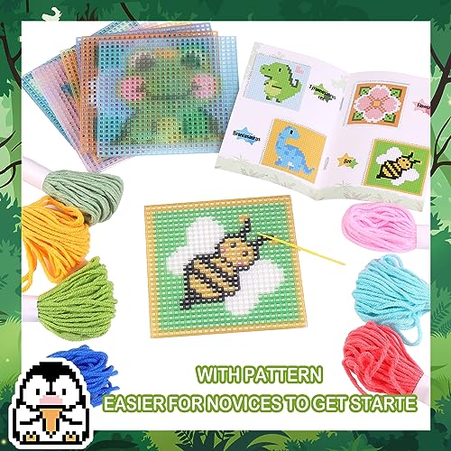 Pllieay 10-in-1 Cross Stitch Beginner Kit for Kids, Embroidery Kit | with Instructions, 10pcs Plastic Mesh Canvas with pattern, 15 yarns, 5 Weaving Needles, Needle Points Starter Sewing Set - size: Animals