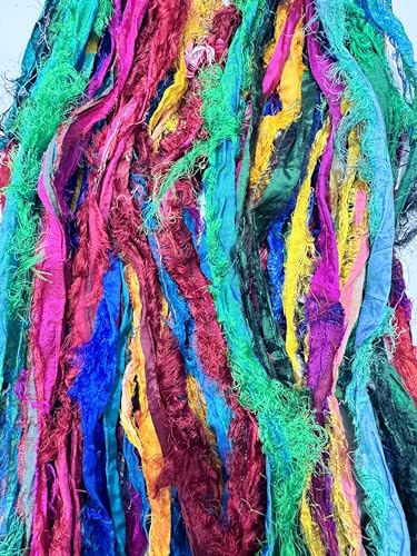 Maker's Craft Recycled Fuzzy Fringes Sari Silk Ribbon Yarn 35yards, 100Grams for DIY Knitting Crocheting Gift Wrapping, Christmas Decoration, Macrame Makers, Jewelry Making, Rugs Hooking (Multicolor) - color: Multicolor
