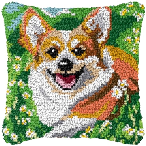 ZFFLYH Latch Hook Kits Pillow Corgi Dog Animal Patterns Pre-Printed Canvas | Home Sofa Cushion Cover Preprinted Canvas Crochet Yarn Kits Needlework Crafts Festival Gift for Adults Beginner 17X17 Inch - color: Corgi Dog