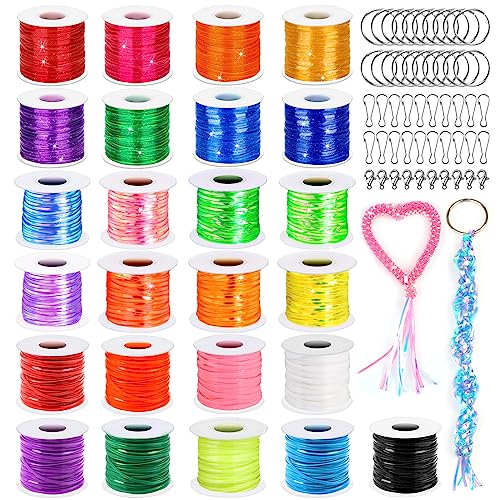 Cridoz Lanyard Kit, Boondoggle & Gimp String Weaving Kit with 25 Rolls Plastic Lacing Cord, 50 Pcs Keychain Lanyard Accessories